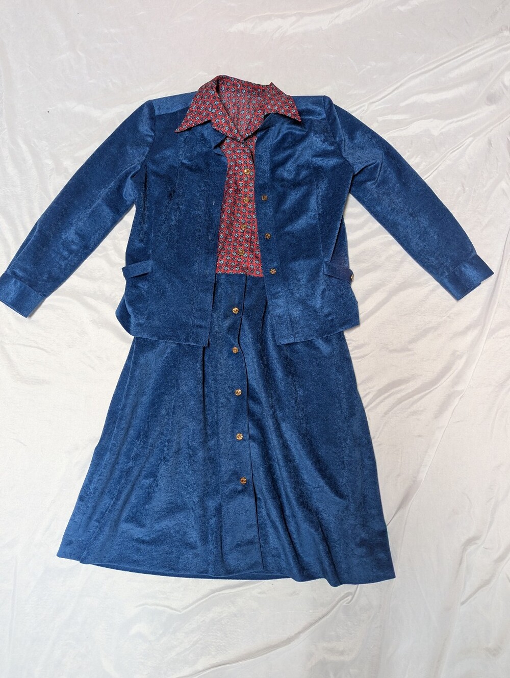 Vintage 70's Button Front Blue Velour Dress & Jacket Anjac By Marc Needleman